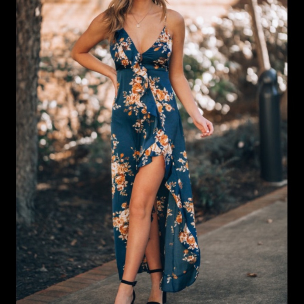 Blue Floral Midi High-Low Dress